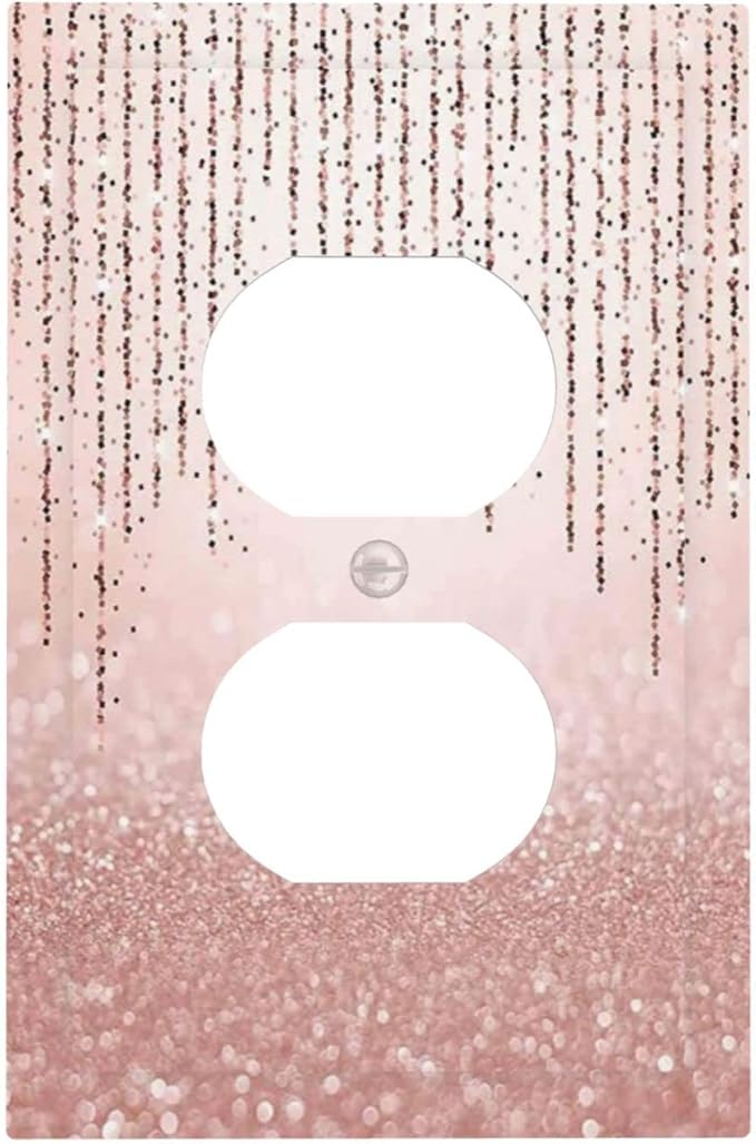 Beautiful Pink Glitter Rose Gold Glitter 1 Gang Duplex Light Switch Cover Decorative Outlet Covers Wall Plate Electrical Faceplate Receptacle Switchplate Girls Ladies Women Bathroom Kitchen Home Decor