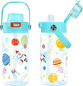 Queenshin Kids Space Water Bottle 20oz BPA Free Tritan Boys Girls School Outdoor Sports Leak Proof Water Cup with Straw Lid Handle Pop-Up Spout Cover