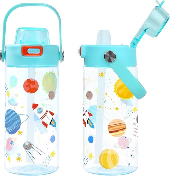 Queenshin Kids Space Water Bottle 20oz BPA Free Tritan Boys Girls School Outdoor Sports Leak Proof Water Cup with Straw Lid Handle Pop-Up Spout Cover