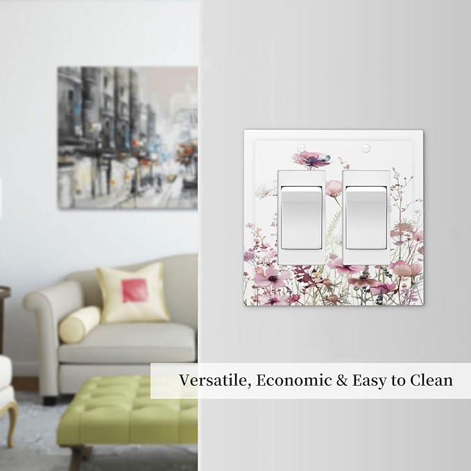 Floral Pink Watercolor Wildflowers Plant Flower Decorative Outlet Covers 2 Gang Double GFCI Rocker Electrical Wall Panels Light Switch Cover Plate for Bedroom Living Room Decor