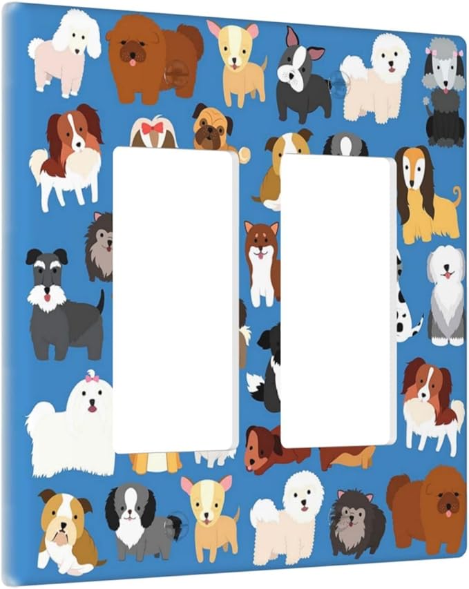 Cute Animal Dogs Puppy Decorative Outlet Cover Double Rocker Light Switch Plate Cover Electricity Receptacles Plates For Home Kitchen Living Bedroom 4.6 * 4.5