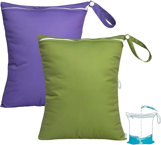 babygoal Wet Dry Bags 2 Pack for Swimsuits, Waterproof Bag for Travel, Food Storage, Stroller, Daycare, Baby Diapers, Yoga, Beach, Pool, Wet Clothes-Purple and Army Green