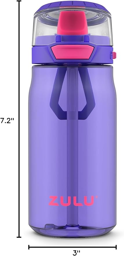 Zulu Kids Flex 16oz Tritan Plastic Water Bottle with Silicone Spout, Leak-Proof Locking Flip Lid and Soft Touch Carry Loop for School Backpack, Lunchbox, and Outdoor Sports, Purple