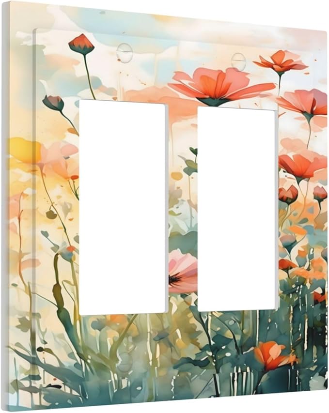 Vintage Red Orange Yellow Poppy Floral Flowers Decorative Outlet Covers 2 Gang Double GFCI Rocker Electrical Wall Panels Light Switch Cover Plate for Bedroom Living Room Decor