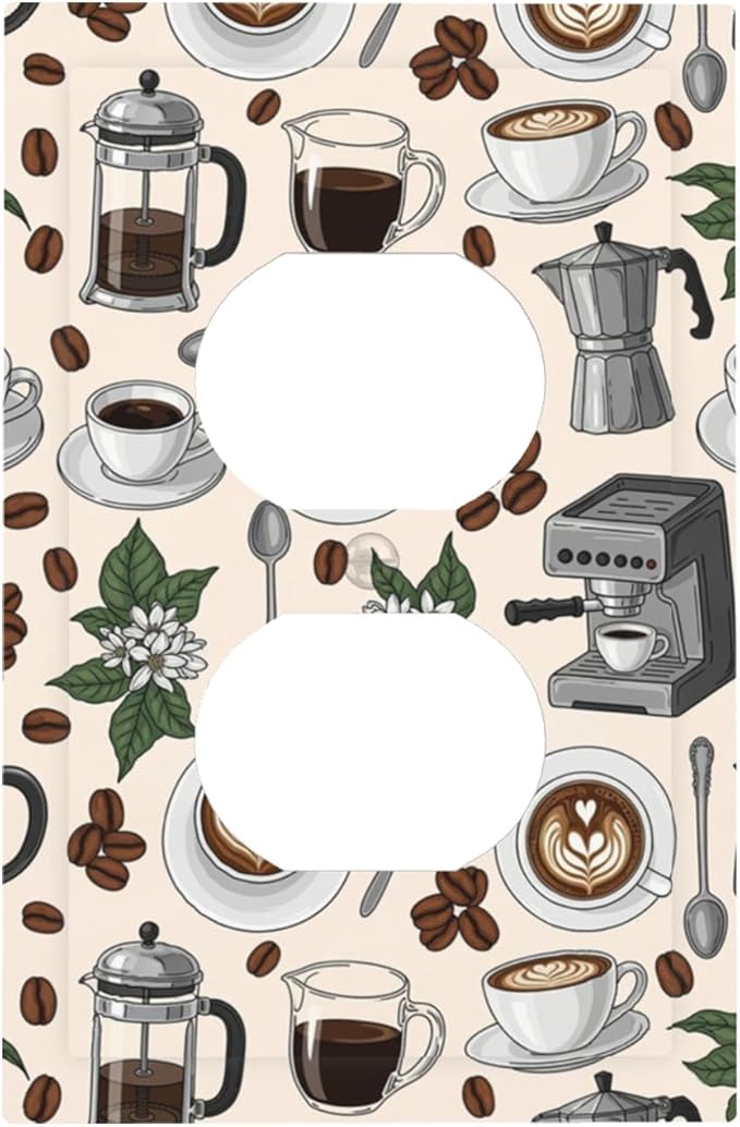 Whimsical Coffee Shop Duplex Wall Plate - 1-Gang Standard US Size Vintage Coffee Pattern Outlet Covers, Café Culture Espresso for Dining Room Decor