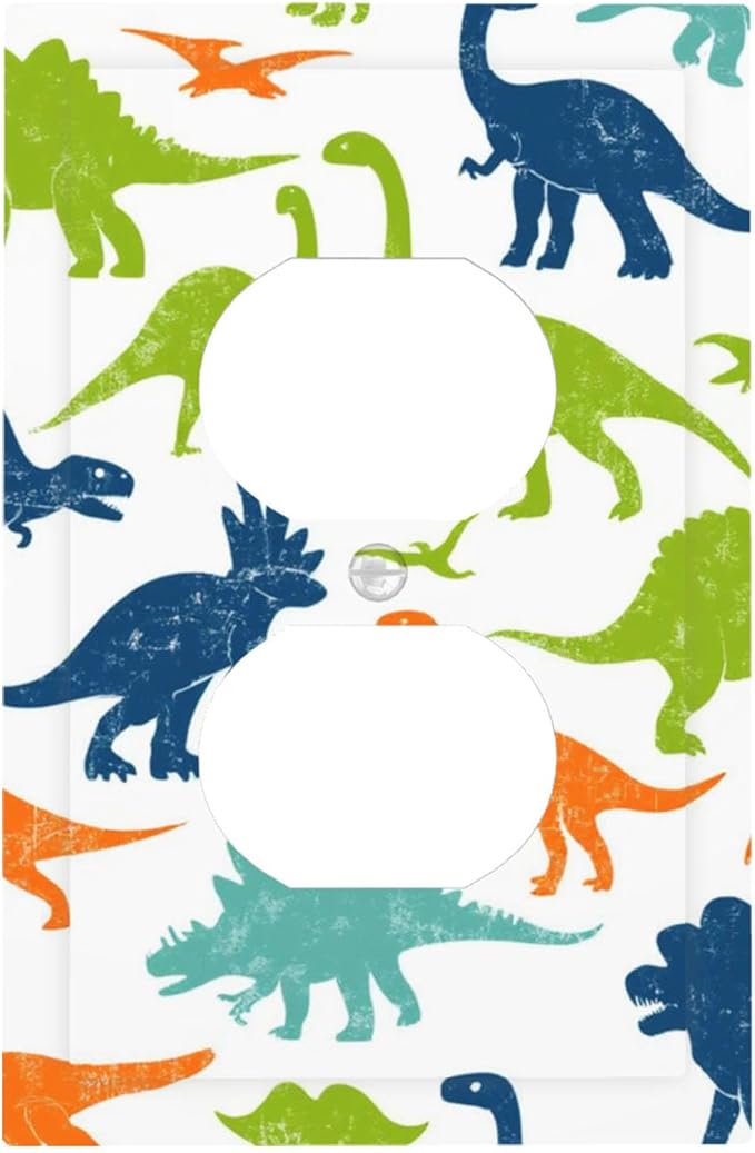 Colorful Dinosaur Duplex Wall Plate - 1-Gang Standard US Size Playful Dino Friends Outlet Covers for Teen Boys Bedroom Playroom Decor