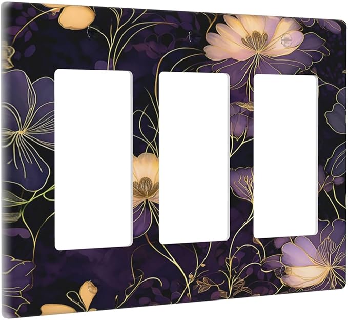 Modern Boho Vintage Gold Purple Dark Floral Modern Abstract Flowers Light Switch Covers 3 Gang Rocker Decorative Triple Outlet Wall Plate Cover Switchplate Electrical Gfci for Bedroom Living Room