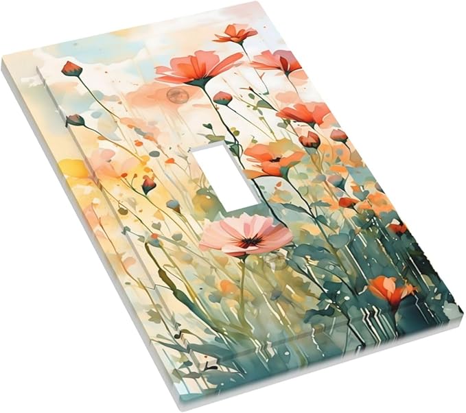 Vintage Red Orange Yellow Poppy Floral Flowers Decorative Light Switch Cover 1 Gang Single Toggle Device Electrical Faceplate Switchplates Decorator Outlet Wall Plate for Bedroom Living Room Decor