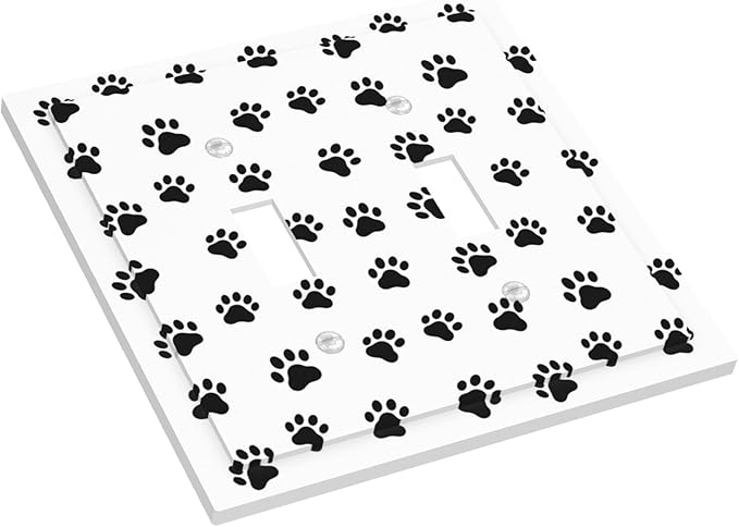 Black and White Dog Paw Print Double Toggle Switch Cover - 2-Gang Standard US Size Puppy Paws Pattern Light Switch Covers for Pet Lover's Home Decor