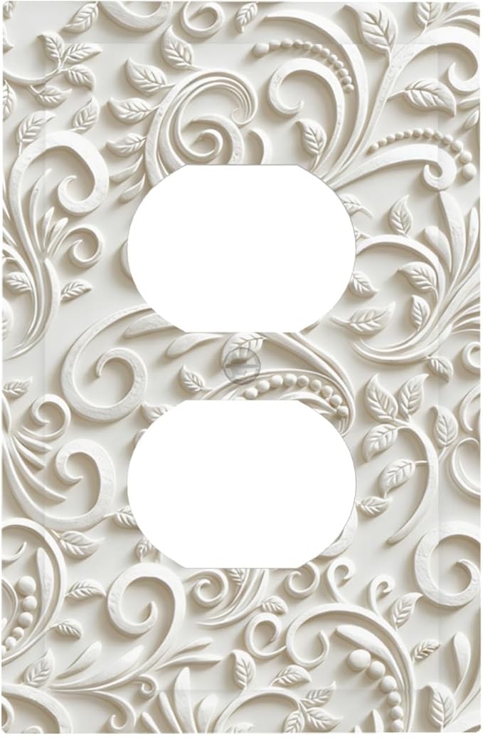 White Floral Vine 1-Gang Duplex Wall Plate, French Scroll Printed Pattern Outlet Cover, Neutral Farmhouse Home & Office Decor, Standard US Size Plug Cover