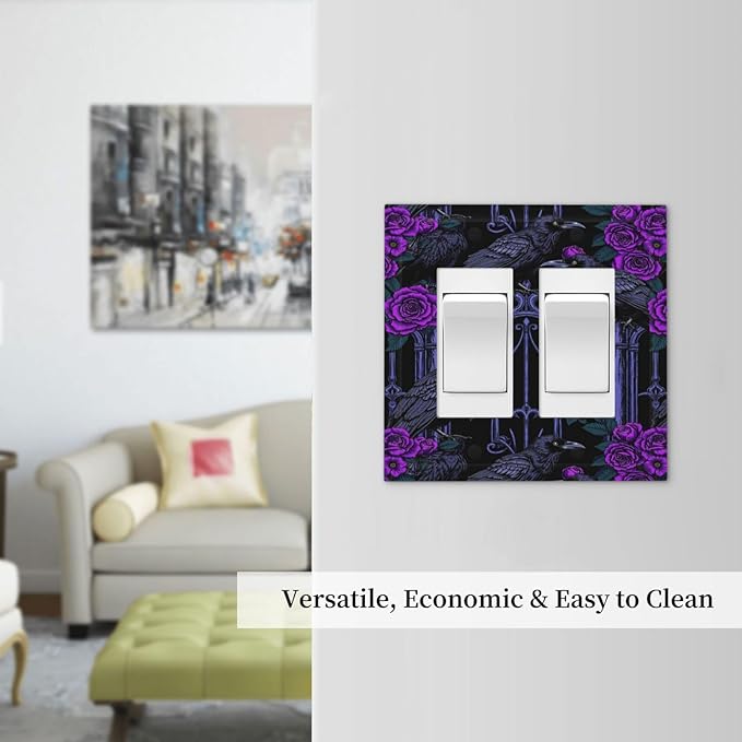 Decorative Outlet Covers Gothic Style Crow Purple Flowers 2 Gang Double GFCI Rocker Electrical Wall Panels Light Switch Cover Plate for Bedroom living Room Decor
