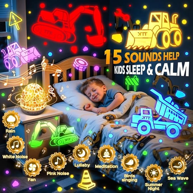 PIKOY Excavator Toys Night Light Projector【15 Sounds & 6 Films】Kids Construction Toys Truck Night Lights [31 Colors & Remote] Dinosaur Egg Light for Nursery Boys Kids Toddler Birthday Gifts 1-10 Years