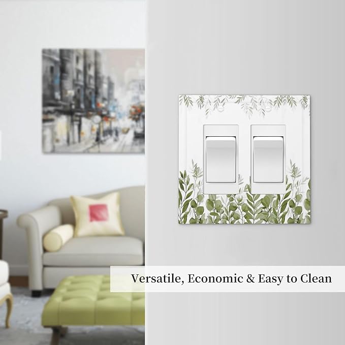 Green Eucalyptus Plant Leaves Vine Decorative Outlet Covers 2 Gang Double GFCI Rocker Electrical Wall Panels Light Switch Cover Plate for Bed Room Living Room Decor