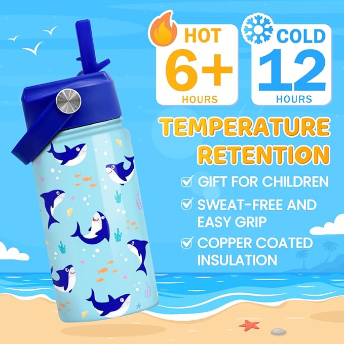 SANDJEST Shark Water Bottle - Kids Water Bottle with Straw Lid - 12 Oz Insulated Stainless Steel Water Bottles for Kid Boy - Travel Cup for School Sports