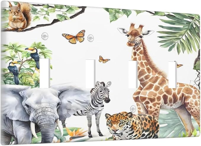 Elephant Giraffe Jungle Animals Leopard Zoo Light Switch Covers Quad Toggle Electrical Faceplate 4 Gang Wall Plate Decorative Switch Plates Cover for Kids Room Nursery Decor