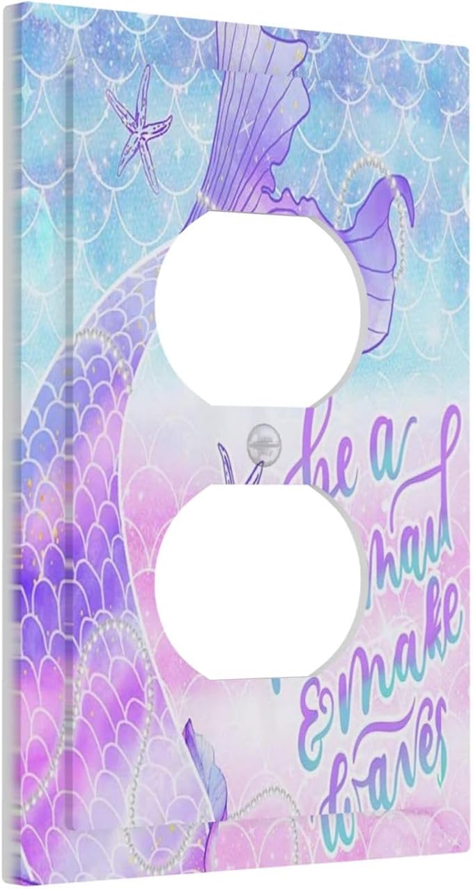 Cute Kids Girl Purple Pink Blue Fish Mermaid Scales Tail Quotes Undersea Ocean 1 Gang Duplex Wall Plate Electrical Receptacle Outlet Cover Decorative Dual Device Mid Size Light Switch Plug Face Plate
