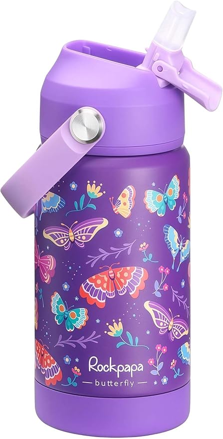 rockpapa 14 oz Kids Insulated Water Bottle，Stainless Steel Toddler Cups with Straws, BPA Free, Leak-Proof, Kids Water Bottle for School Boys& Girls (Purple Butterfly)