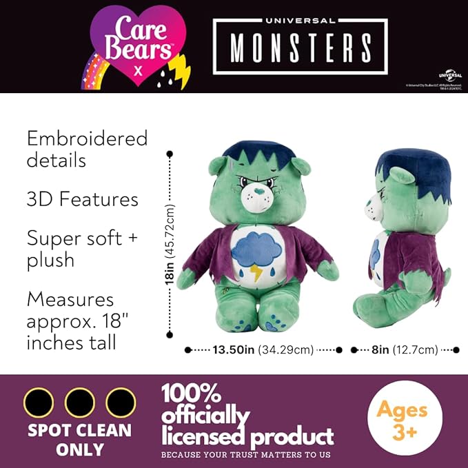 Care Bears x Universal Monsters Grumpy Bear Frankenstein Monsters Halloween Bedding Super Soft Cozy Decorative Cuddle Pillow, (Officially Licensed Product) By Franco Collectibles