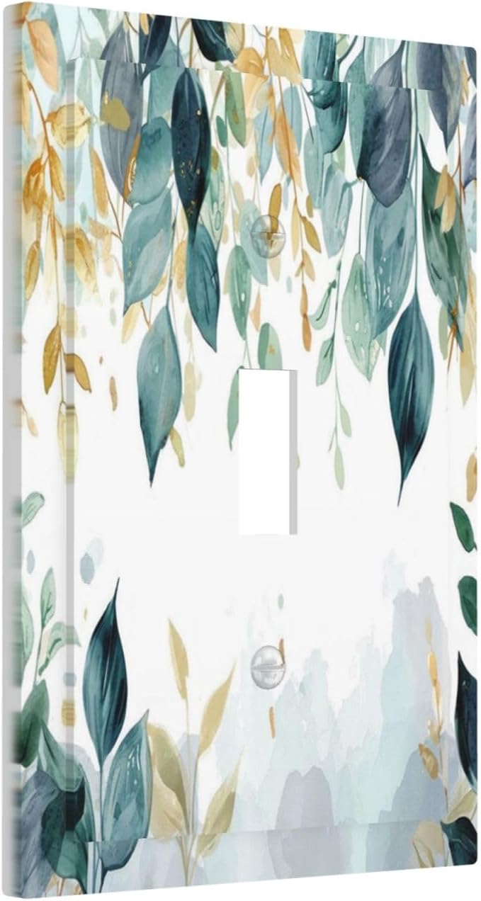 Boho Goldgreen Leaf Botanical Eucalyptus Leaves Decorative Light Switch Cover 1 Gang Single Toggle Device Electrical Faceplate Switchplates Decorator Outlet Wall Plate for Bedroom Living Room Decor