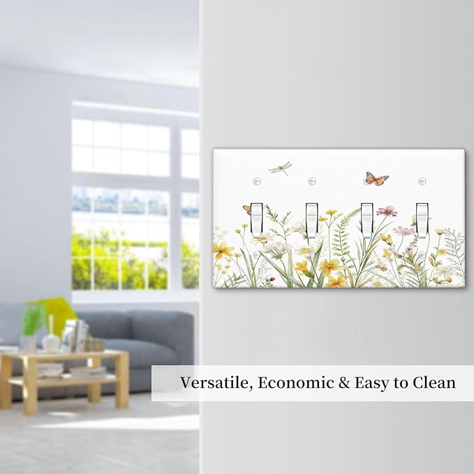 Colorful Wildflowers Dragonfly Butterfly Floral Light Switch Covers Quad Toggle Electrical Faceplate 4 Gang Wall Plate Decorative Switch Plates Cover for Bedroom Living Room Decor