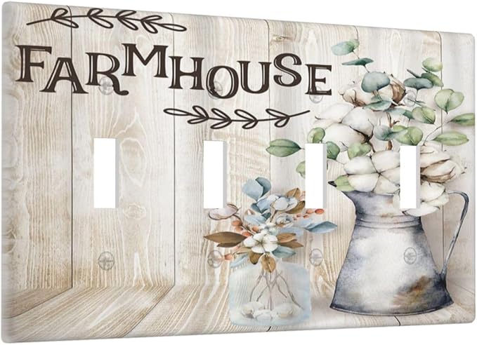 Decorative Switch Plate Covers Farmhouse Floral Cotton 4 Gang Device Light Switch Cover Rustic Country Flower Quad Toggle Wall Plate Electrical Faceplate for Country Bathroom Bedroom Decor