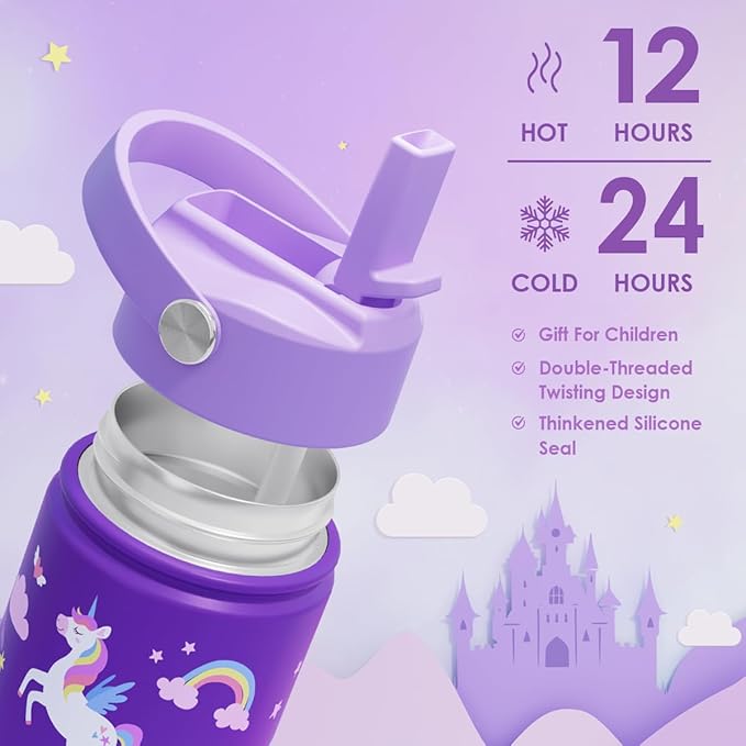 Unicorn Kids Water Bottle With Straw Lid 12oz Insulated Stainless Steel, Travel Tumbler, Unicorn Gifts For Girls, Birthday, Christmas, Back To School