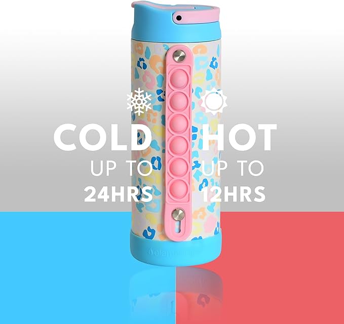 Elemental Iconic Kids Water Bottle for School - 100% Leak-Proof Insulated Water Bottles with Straw Lid & Pop-It Handle for Boys & Girls - Triple-Wall Insulated & BPA-Free, 14oz – Pastel Leopard