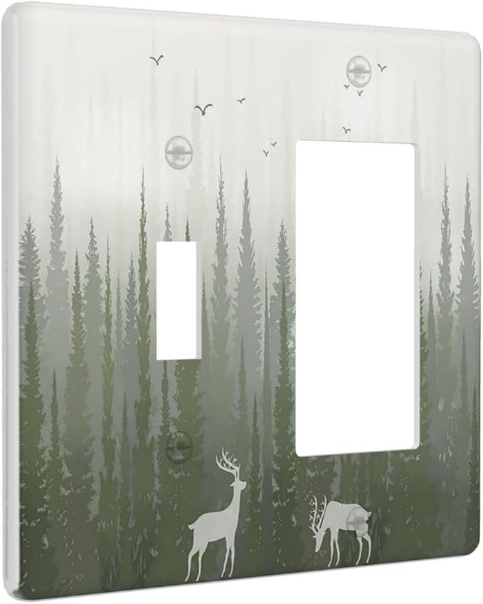 Green Pine Tree Deer Country forest Bird Nature Mist Outlet Covers 1 Toggle 1 Rocker Combination Electrical Switch Plates Light Switch Cover Plate Decorative Wall Plate for Bedroom Home Decor