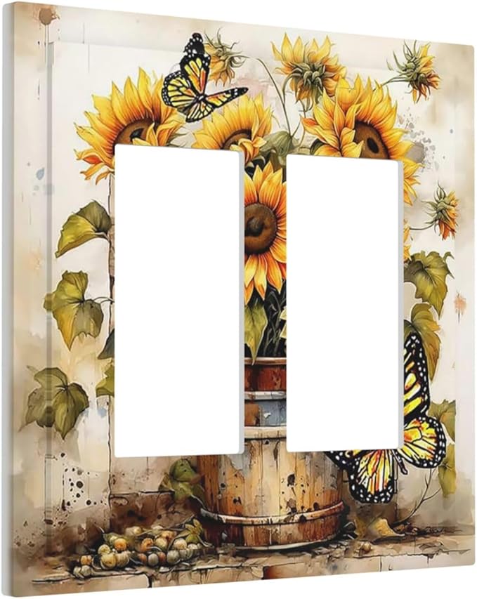 Decorative Outlet Covers Rustic Vintage Sunflower Bouquet Butterfly 2 Gang Double GFCI Rocker Electrical Wall Panels Light Switch Cover Plate for Farmhouse Cabin Decor