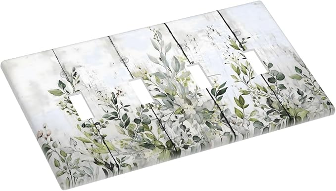 Sage Green Eucalyptus Rustic Country Botanical Leaf Flower Light Switch Covers Quad Toggle Electrical Faceplate 4 Gang Wall Plate Decorative Switch Plates Cover for Farmhouse Bedroom Decor