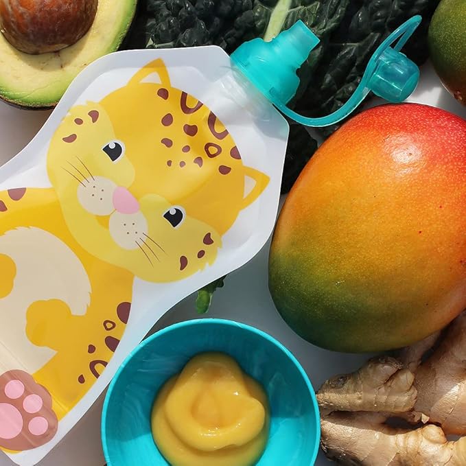 ChooMee Reusable Baby Food Pouches | BPA Free | Refillable Toddler Squeeze Pouches for Homemade Purees, Applesauce & Yogurt | Double Zipper, Easy Fill & Wide Bottom | 4CT, 5oz SnakPack FreshSquad