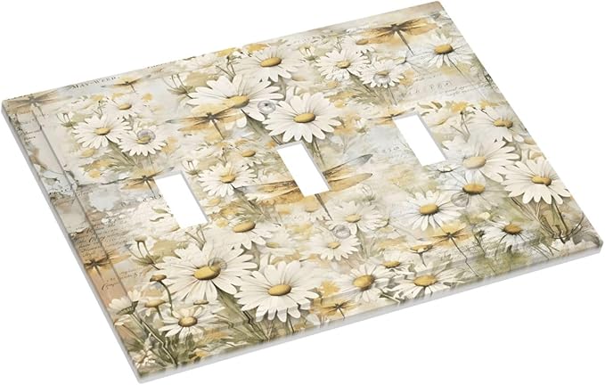 Vintage Letter Paper Wildflowers Dragonfly Daisy Floral Decorative Switch Plates 3 Gang Wall Plate Triple Toggle Light Switch Cover Faceplate Electrical Wall Panels for Farmhouse Bedroom Decor