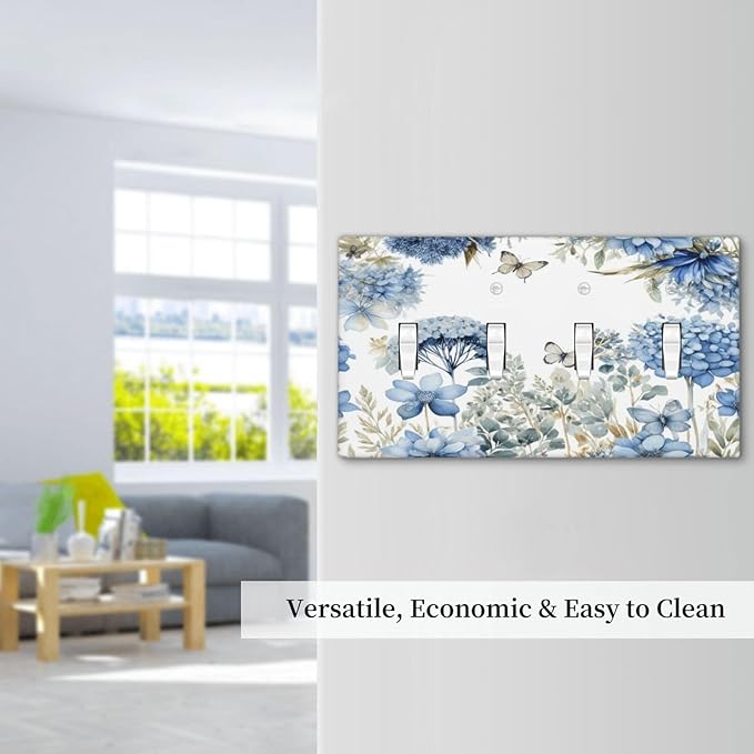 Decorative Light Switch Plate Covers Boho Blue Flowers Rustic Beige Butterfly Leaves 4 Gang Wall Plate Switch Cover Plate Quad Toggle Jumbo Electrical Faceplate for Country Home Decor