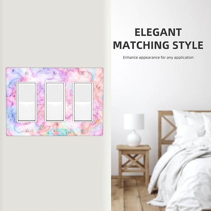 Decorative Switch Plate Covers Cute Marble Texture 3 Gang Triple Rocker Decora Light Switch Cover Pink Purple Gold Abstract Outlet Wall Plate Electrical Faceplate GFCI for Kids Girls Nursery Decor