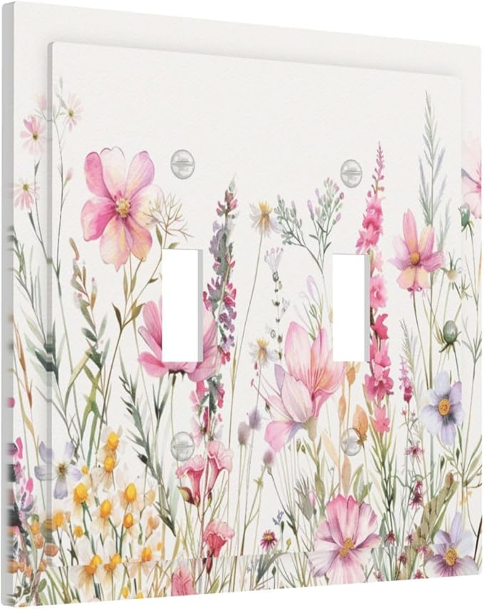 Pink Floral Wild Flowers Watercolor Plants Decorative Switch Plates 2 Gang Double Toggle Outlet Light Switch Cover Wall Plate Electrical Faceplate for Bedroom Living Room Decor