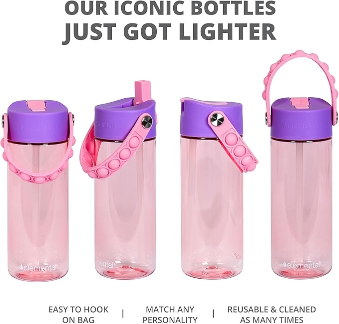 Elemental Leak Proof Water Bottles for Kids - Splash Kids Water Bottle for School with Pop-it Handle - Tritan Plastic Water Bottle with Straw - Unicorn & Rose - 18oz (2 Pack)