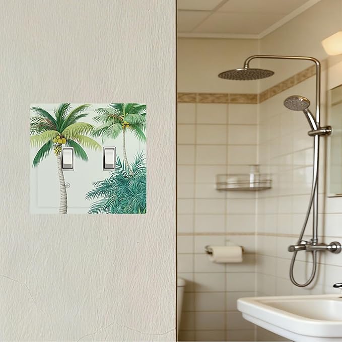 Tropical Palm Tree & Paradise Leaves Double Toggle Switch Cover - 2-Gang Standard US Size Island Vacation Vibes Light Switch Covers for Living Room Decor