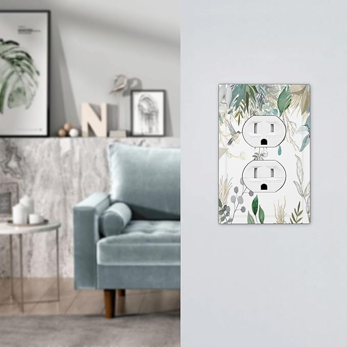Green Tropical Palm Leaves Flower Plants Hummingbird Outlet Covers 1 Gang Duplex Light Switch Cover Decorative Switch Plates Electrical Receptacle Faceplate Wall Plate for Bed Room Living Room Decor
