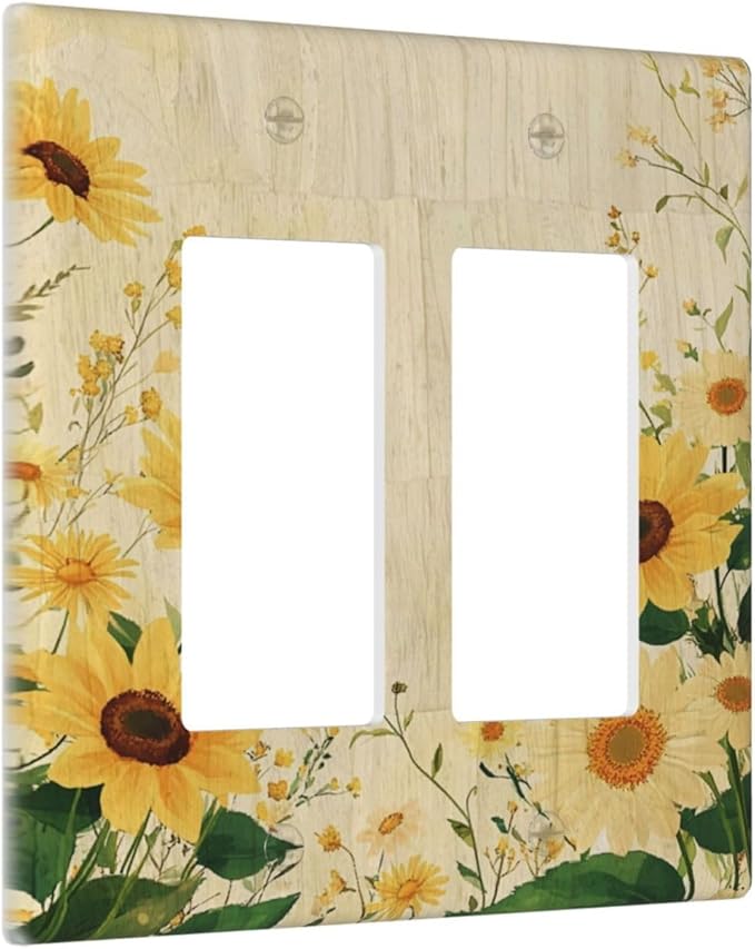 Decorative Outlet Covers with Vintage Botanical Sunflower Field Design 2 Gang Wall Plate Double Rocker Light Switch Cover Switch Plate Cover for Nature Yellow Blooms Wall Decor