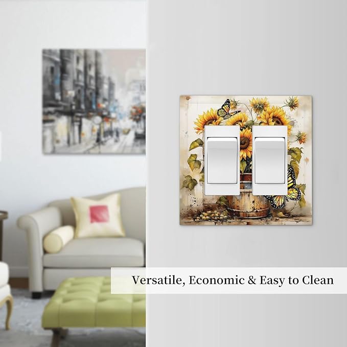 Decorative Outlet Covers Rustic Vintage Sunflower Bouquet Butterfly 2 Gang Double GFCI Rocker Electrical Wall Panels Light Switch Cover Plate for Farmhouse Cabin Decor