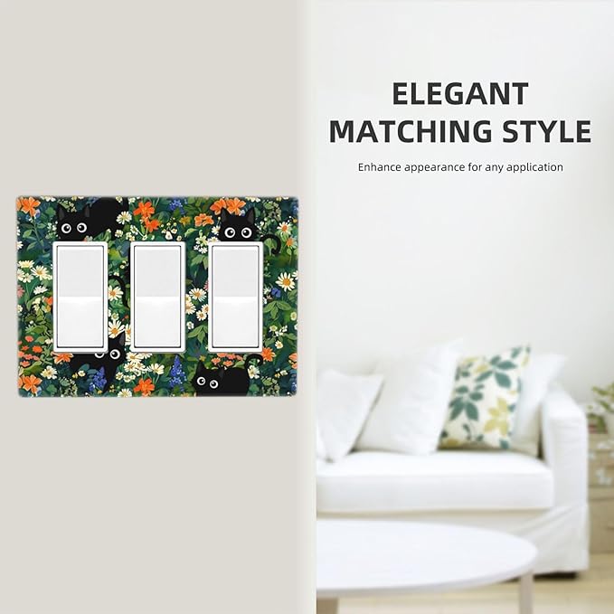 Black Boho Green Leaves Floral Triple Decorator Light Switch Cover 3 Gang GFCI/Rocker Wallplate Decorative Electrical Faceplate Switchplate Dimmer Screwless