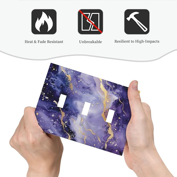 Decorative Light Switch Plate Covers Modernity Abstract Purple Golden Marble 3 Gang Wall Plate Switch Cover Plate Triple Toggle Jumbo Electrical Faceplate for Bathroom Kitchen Decor