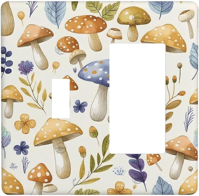 Boho Watercolor Mushroom Flowers Leaf Colorful Floral Outlet Covers 1 Toggle 1 Rocker Combination Decorative Wall Plate Electrical Switch Plates Light Switch Cover Plate for Kids Room Nursery Decor