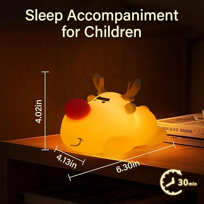 Reindeer Night Light, Soft Squishy Silicone Kids Nightlight, 3 Level Dimmable Touch Lamp with Timer, 1200mAh USB Rechargeable Baby Nursery Lamp, Xmas Gifts Kawaii Bedroom Decor