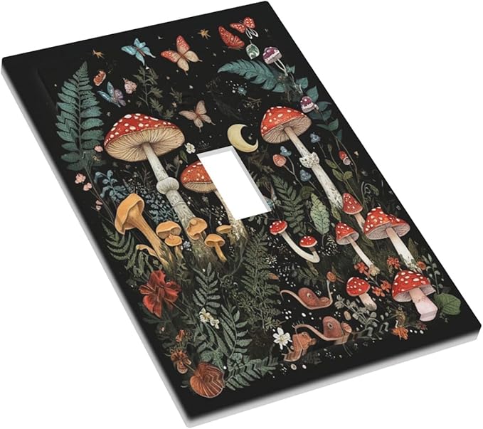 Cartoon Floral Mushroom forest Butterfly Flowers Decorative Light Switch Cover 1 Gang Single Toggle Device Electrical Faceplate Switchplates Decorator Outlet Wall Plate for Bedroom Kids Room Decor