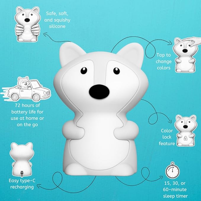 Lumipets Fiona The Fox Squishy Night Light for Kids | Silicone Mood Lamp with Tap & Remote Control | Rechargeable Color Changing Animal NightLight for Boys & Girls | Portable Nightlight with USB Cord