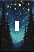 Decorative Light Switch Cover Blue Starry Sky Forest Painted Star Pine Tree Oil Painting 1 Gang Single Toggle Decorator Outlet Wall Plate Device Electrical Faceplate Switchplates for Bedroom Cabin