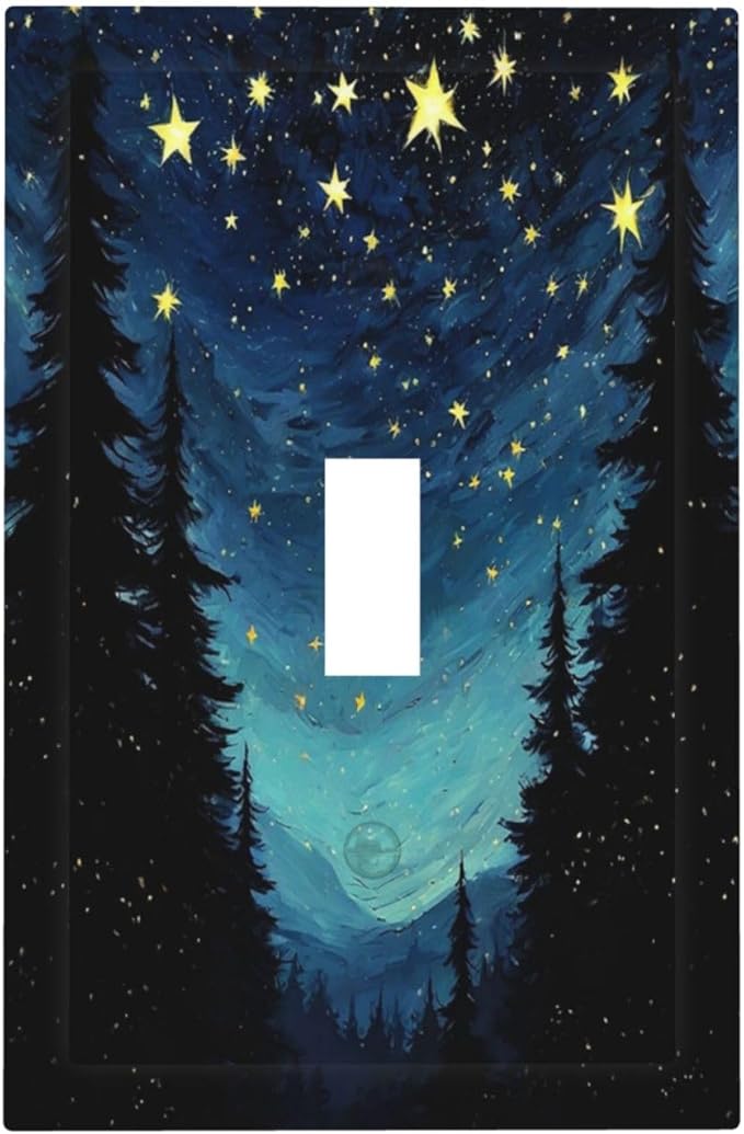 Decorative Light Switch Cover Blue Starry Sky Forest Painted Star Pine Tree Oil Painting 1 Gang Single Toggle Decorator Outlet Wall Plate Device Electrical Faceplate Switchplates for Bedroom Cabin