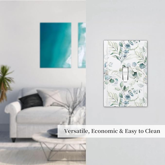 Watercolor Green Eucalyptus Leaves Decorative Single Toggle Light Switch Cover 1-Gang Wall Plate Blossom Spring Sage Botanical Plants Floral Electrical Outlet Faceplate Receptacle Cover Mid Size