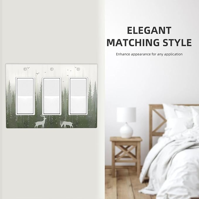 Green Pine Tree Deer Country forest Bird Nature Mist Light Switch Covers 3 Gang Rocker Decorative Triple Outlet Wall Plate Cover Switchplate Electrical Gfci for Bedroom Home Decor